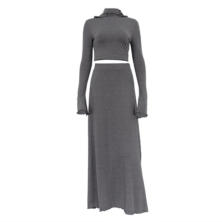 Women Clothing Short Hood Top High Waist Side Slit Unique Skirt Spring Autumn Two Piece Set Women