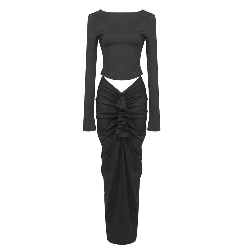 Spring Black Long Sleeve Backless Gathers Two Piece Stretch Slim Fit Women Clothing Casual Suit