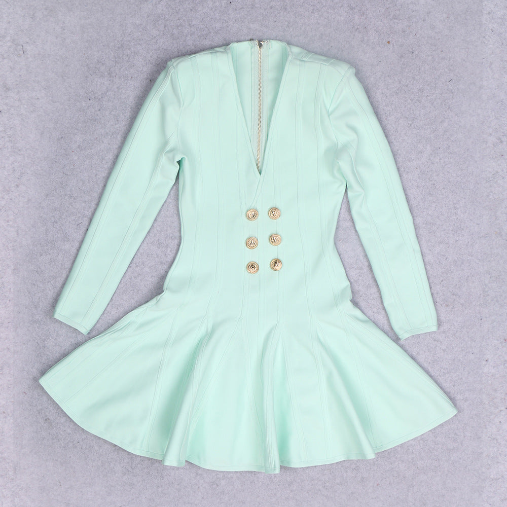 Green Long-Sleeved V Neck With Sexy Lion Buckle, Bandage Swing Dress
