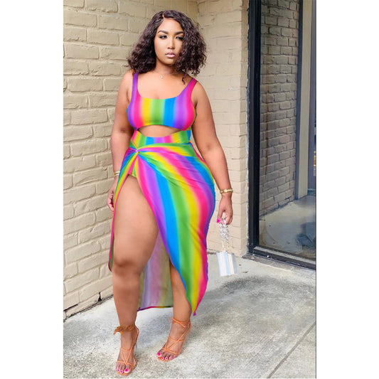 Plus Size Women Sexy Rainbow Striped Hollow Out Cutout One Swimsuit Dress Two-Piece Set