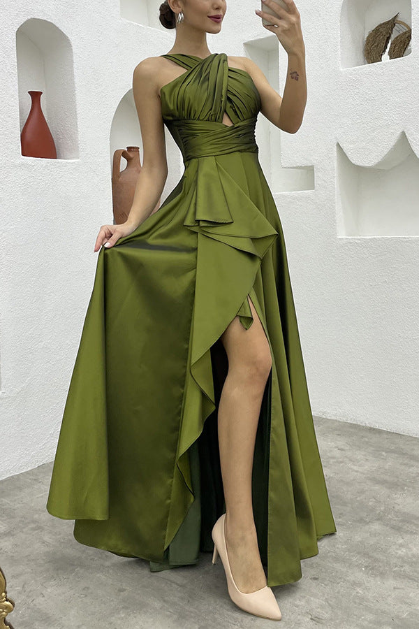 Sexy Sleeveless Solid Color Irregular Asymmetric Maxi Dress for Women