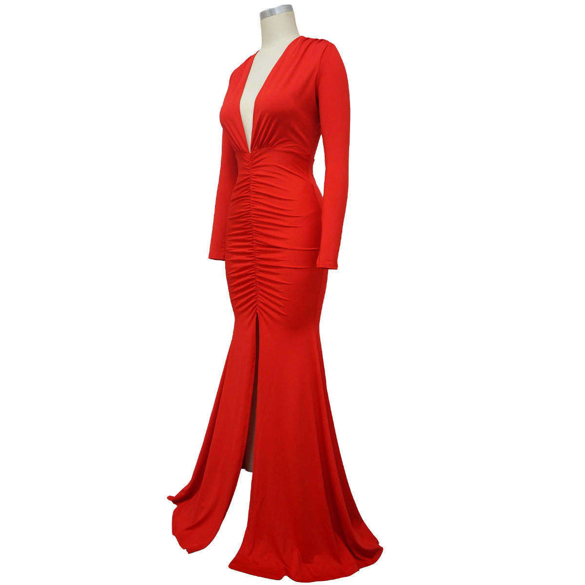 Women Solid Color Sexy V neck Split Sheath Maxi Dress