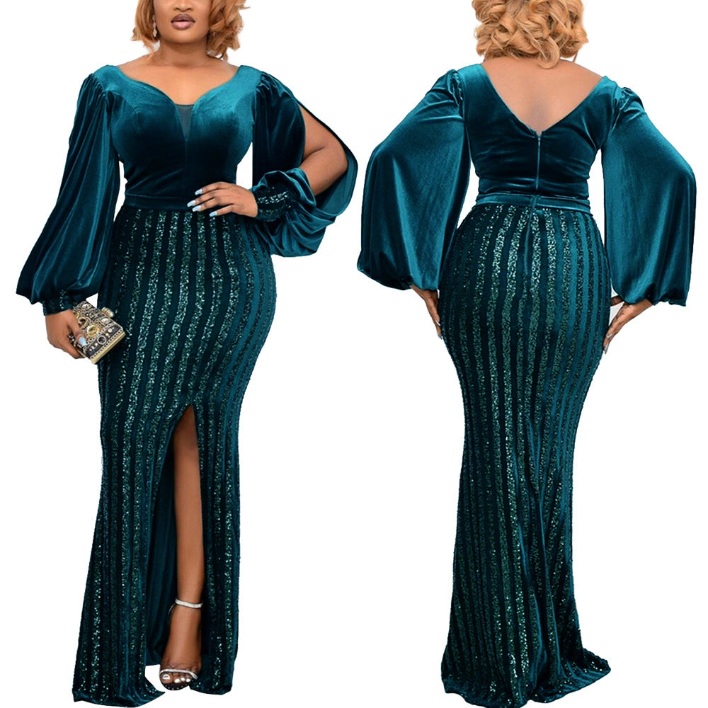 Plus Size Sexy Split Beaded Velvet Maxi Evening Dress