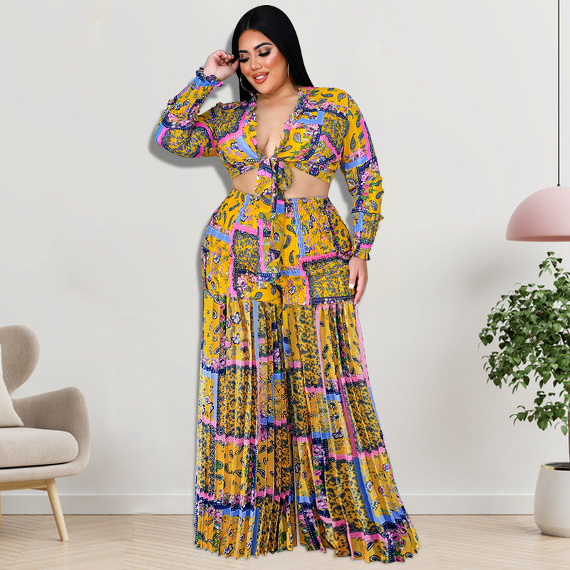 Plus Size Women's Pleated Two-Piece Pants Set