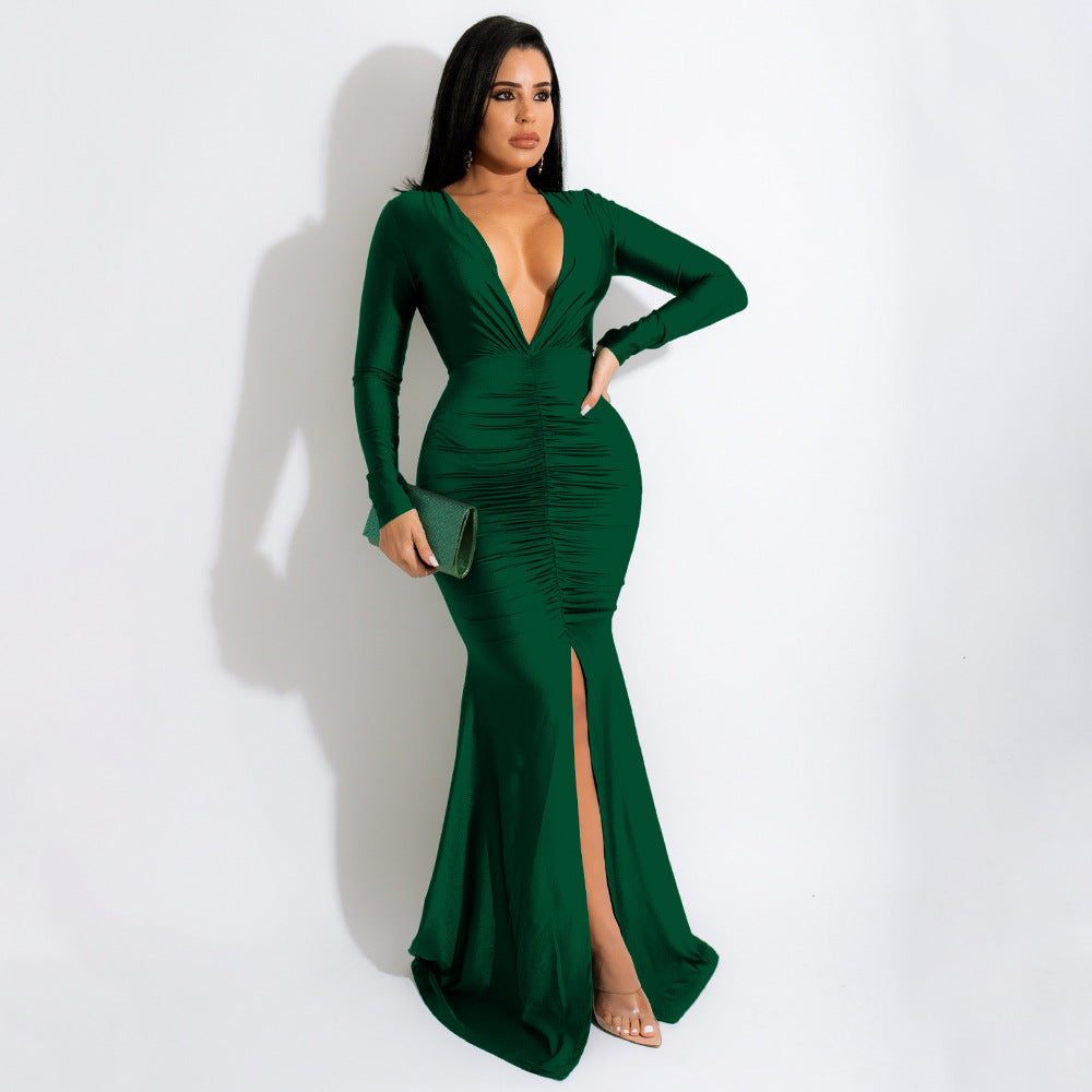 Women Solid Color Sexy V neck Split Sheath Maxi Dress