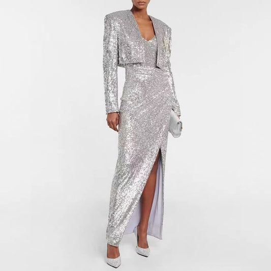 Sequin Split Two Piece Sling Dress Set