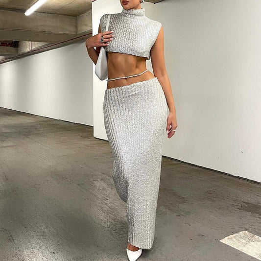 Sexy Metallic Coated Fabric Cropped Sleeveless Turtleneck and Skirt Set