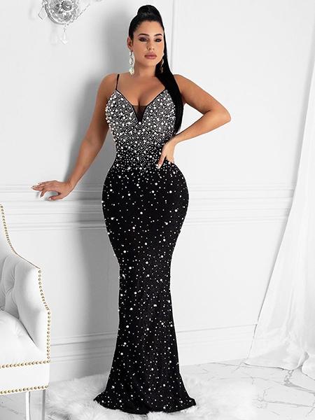 Open Back Rhinestone Beading Party Gown Maxi Dresses