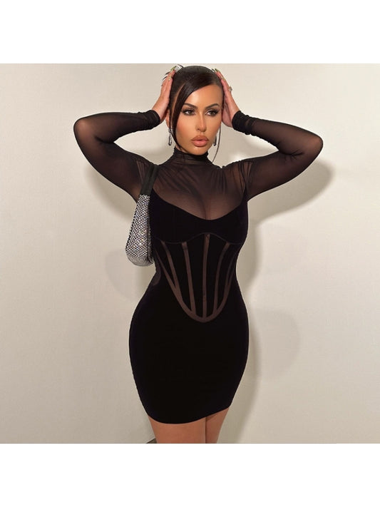 Pure Color Mesh Patchwork Bodycon Long Sleeve Dress