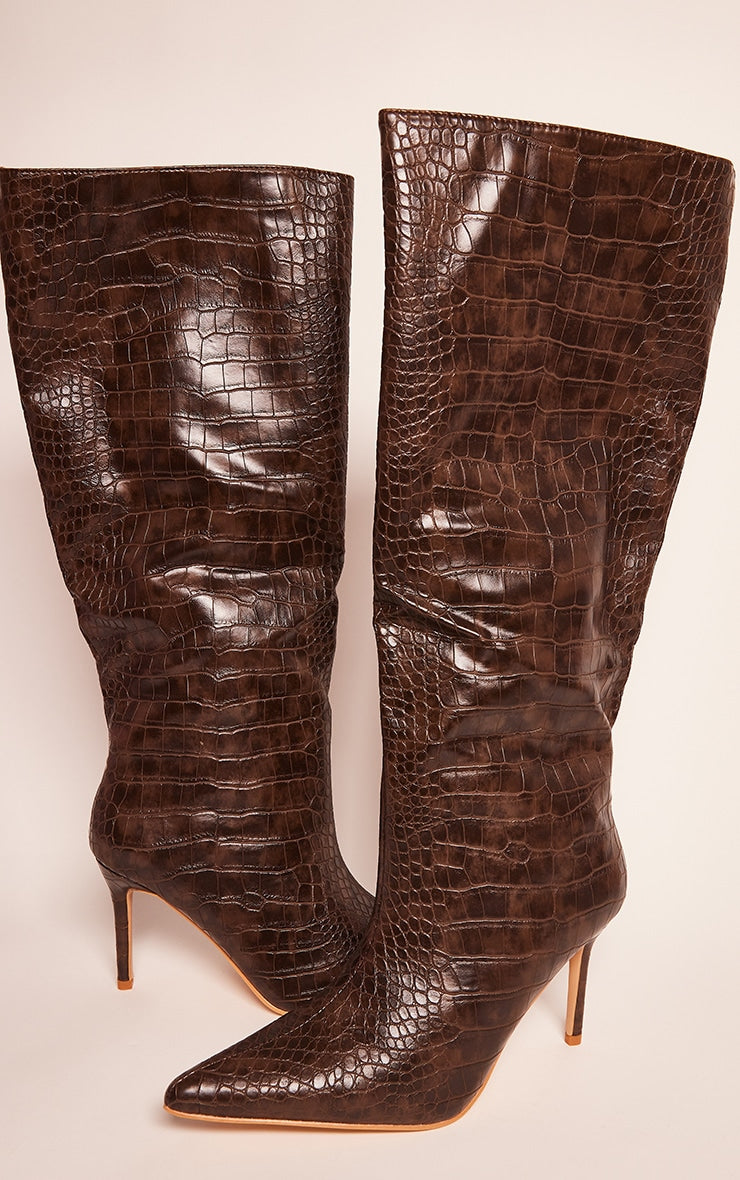 Cream PU Croc Detail Point Toe Stiletto Heeled Knee Boots
