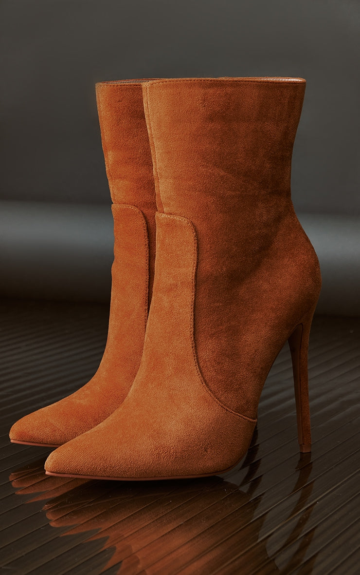 Tan Faux Suede Point Toe Stitch Detail High Stiletto Heeled Ankle Boots