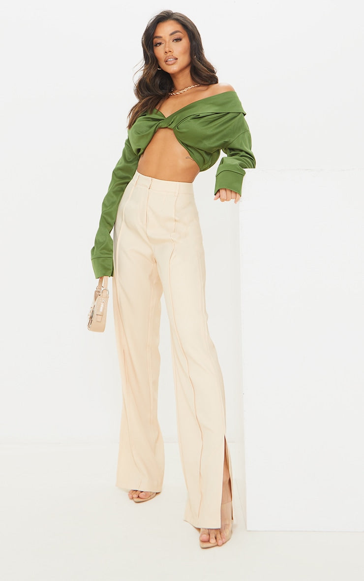 Olive Satin Bardot Twist Front Blouse