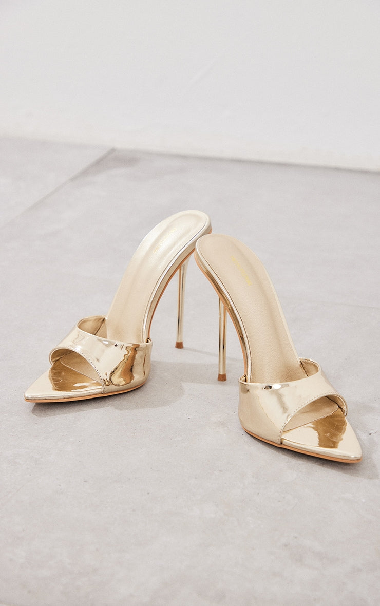 Gold Mirrored Point Toe High Stiletto Heeled Mules