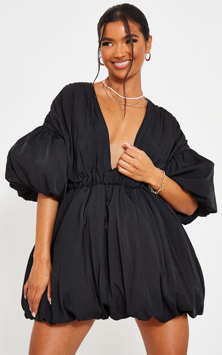White Puff Sleeve Puffball Hem Shift Dress
