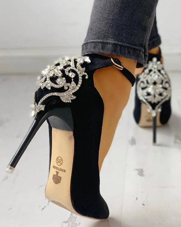 Gem-Studded Pointed Toe Ankle Strap Heels