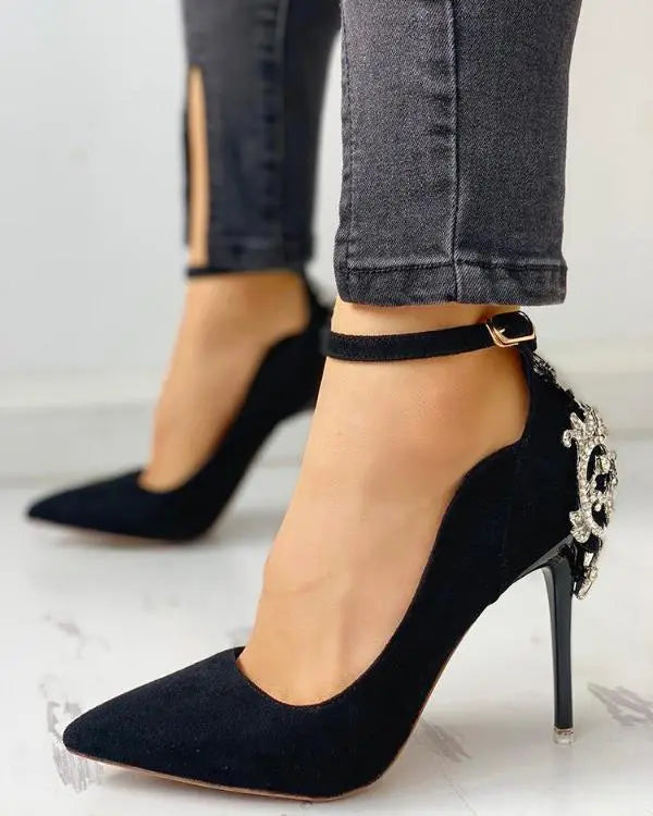 Gem-Studded Pointed Toe Ankle Strap Heels