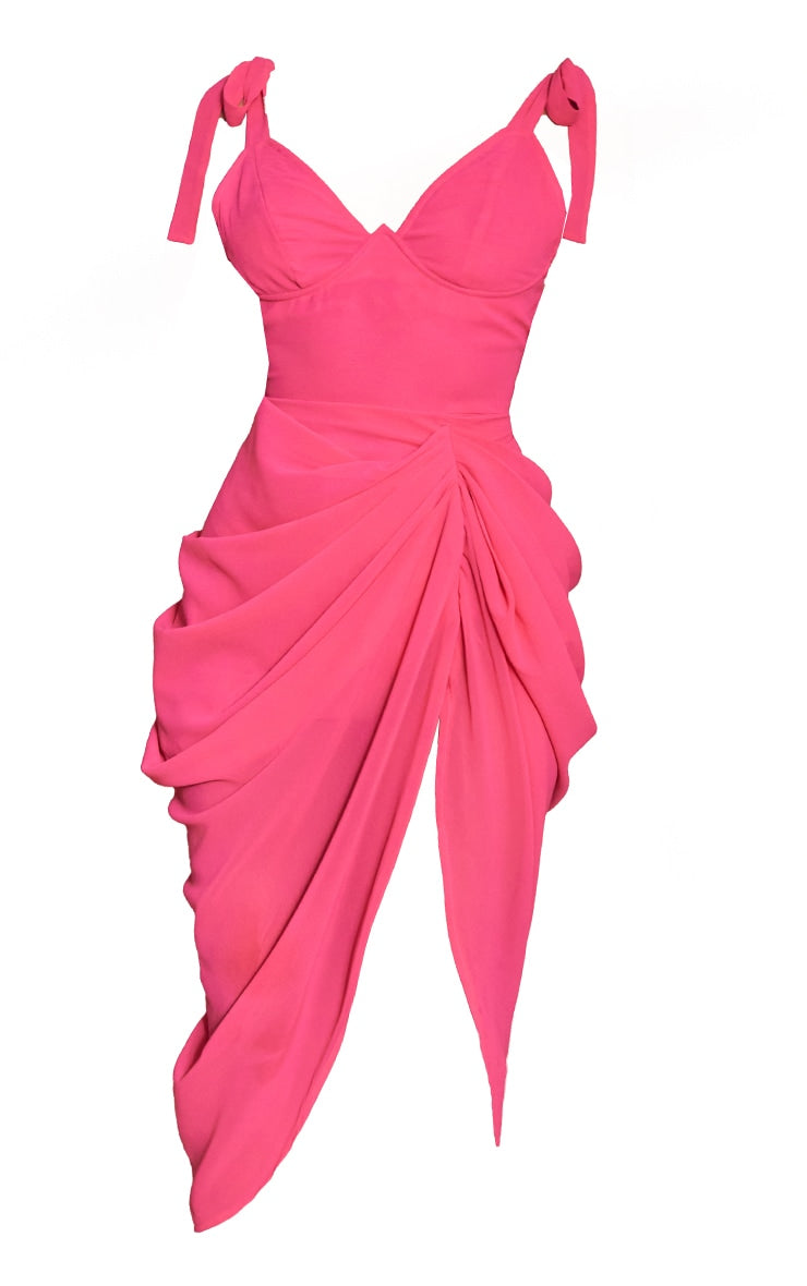Hot Pink Underwire Detail Draped Midi Dress