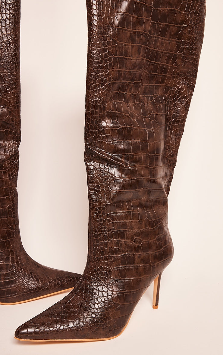 Chocolate PU Croc Detail Point Toe Stiletto Heeled Knee Boots