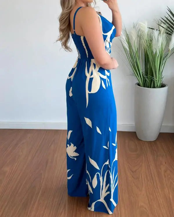 Tropical Print Sleeveless Wide Leg Jumpsuit