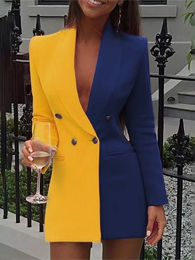 Women‘s Blazer Dress And Jacket Set Black Yellow Red Long Sleeve Color Block
