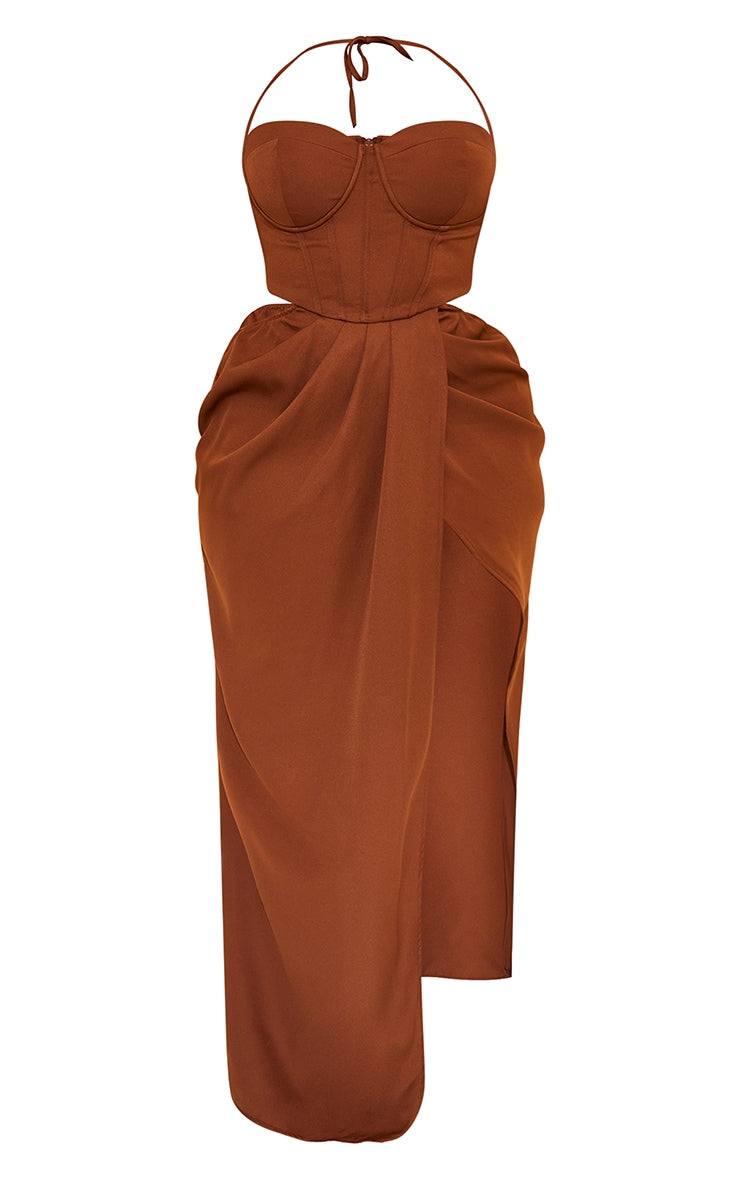 Plus Chocolate Corset Ruched Maxi Dress