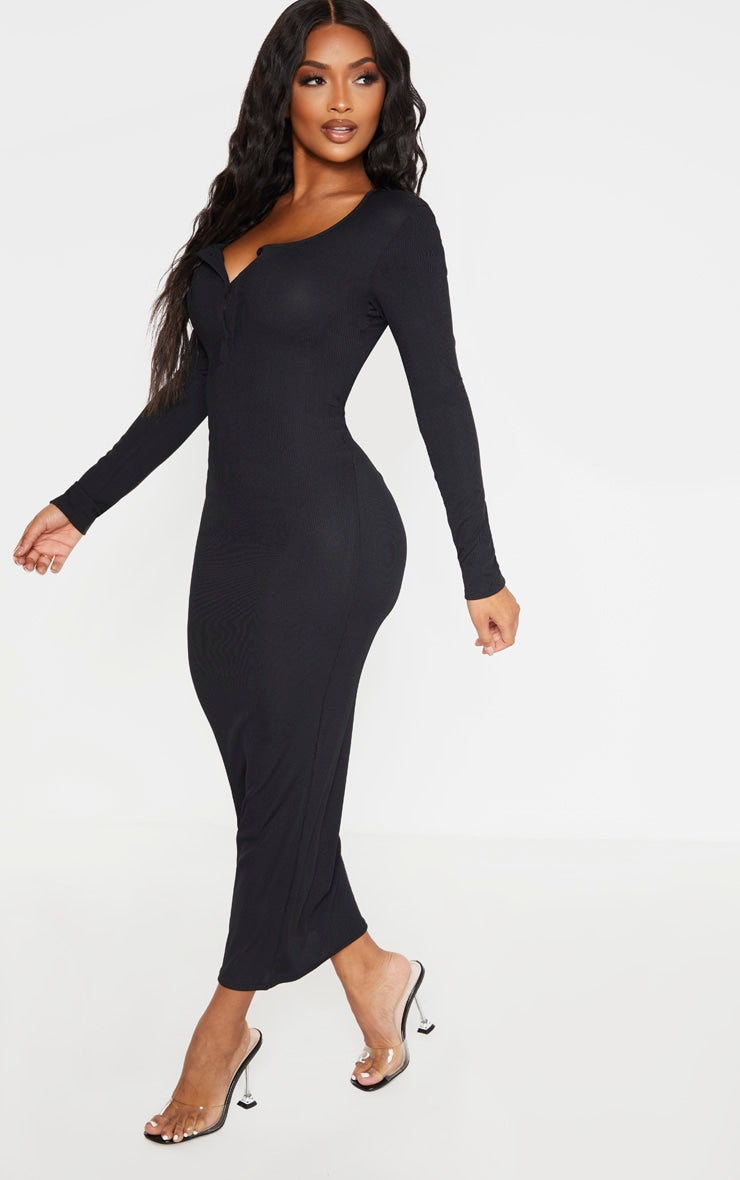 Shape Black Ribbed Button Front Long Sleeve Midaxi Dress