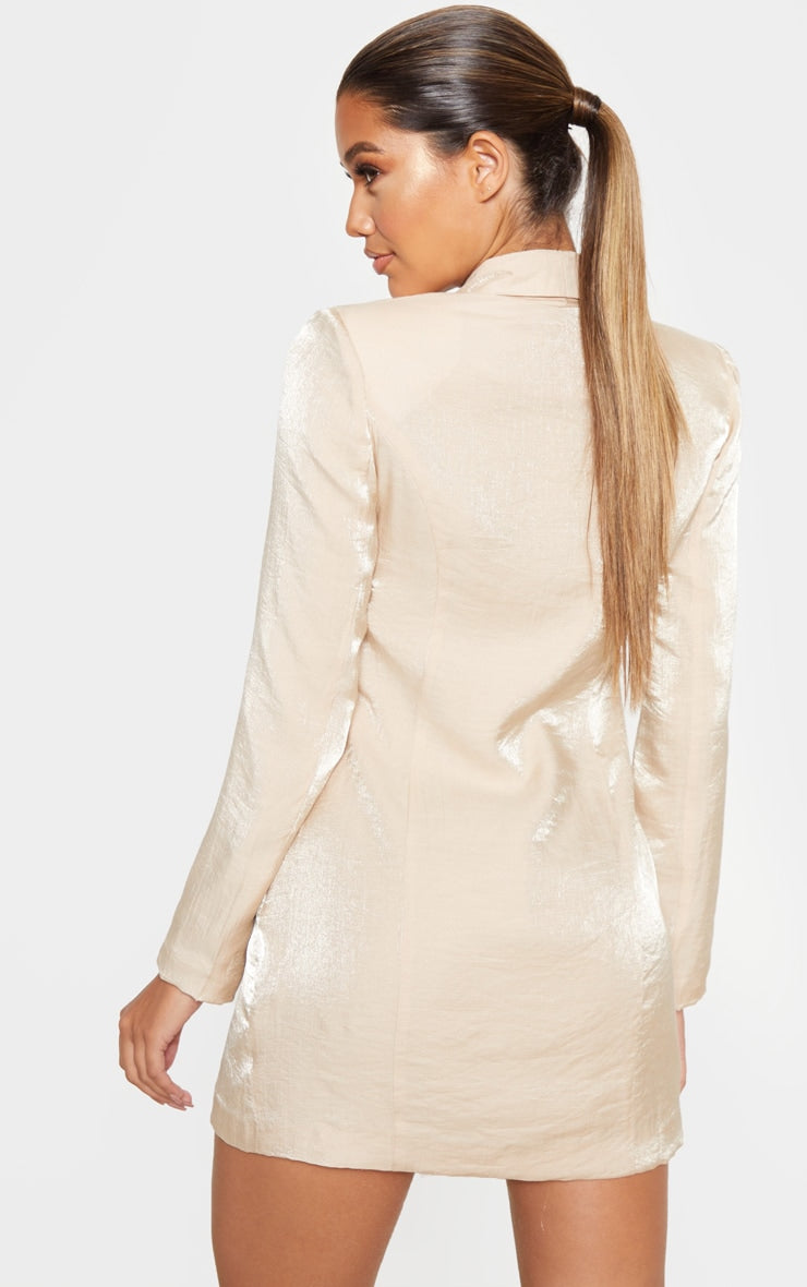 Champagne Pleated Shimmer Gold Button Blazer Dress