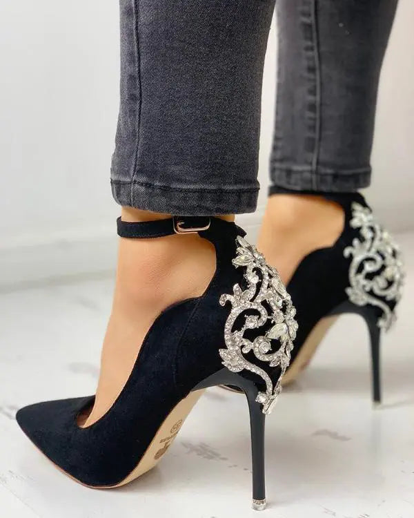 Gem-Studded Pointed Toe Ankle Strap Heels