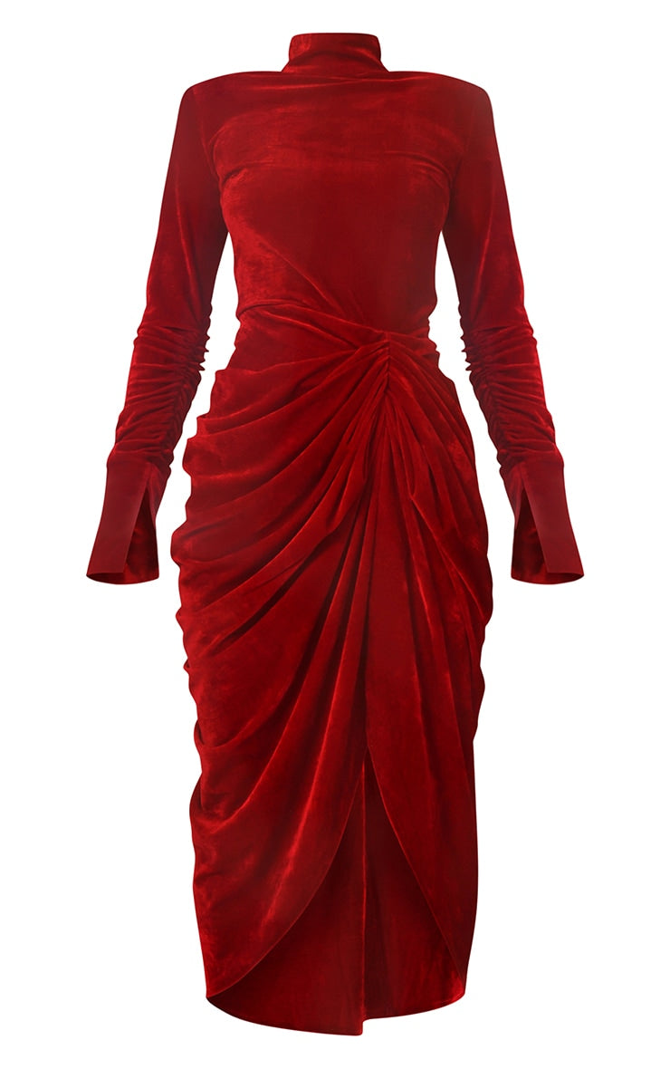 Red High Neck Split Sleeve Velvet Draped Midi Dress
