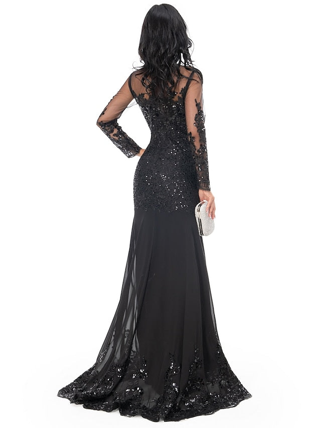 Mermaid Black Long Sleeve Evening Dress With Train