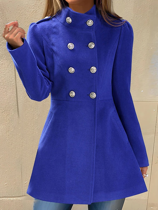 Women's Double Breasted Pea Coat Elegant Stand Collar Trench Coat