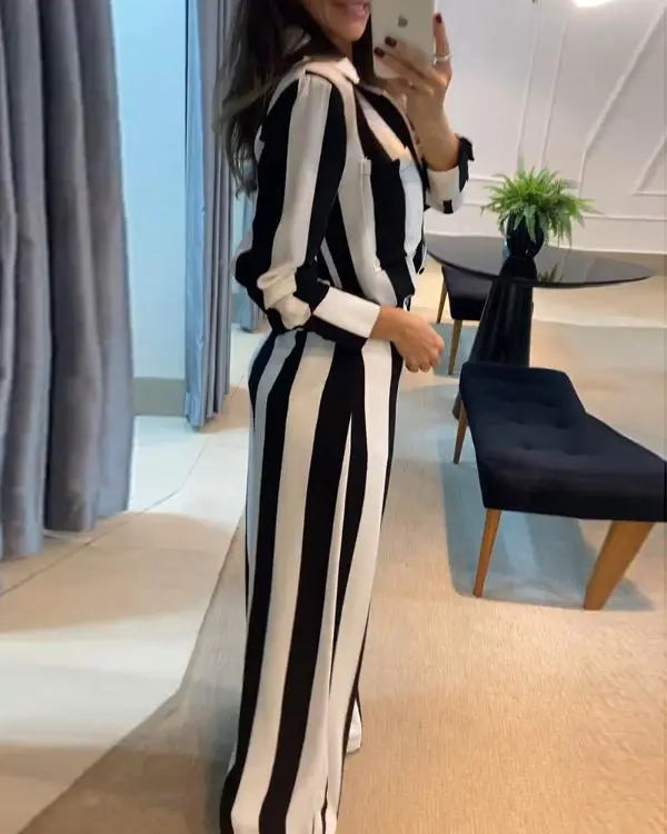 Striped Pocket Design Shirt & Wide Leg Pants Set