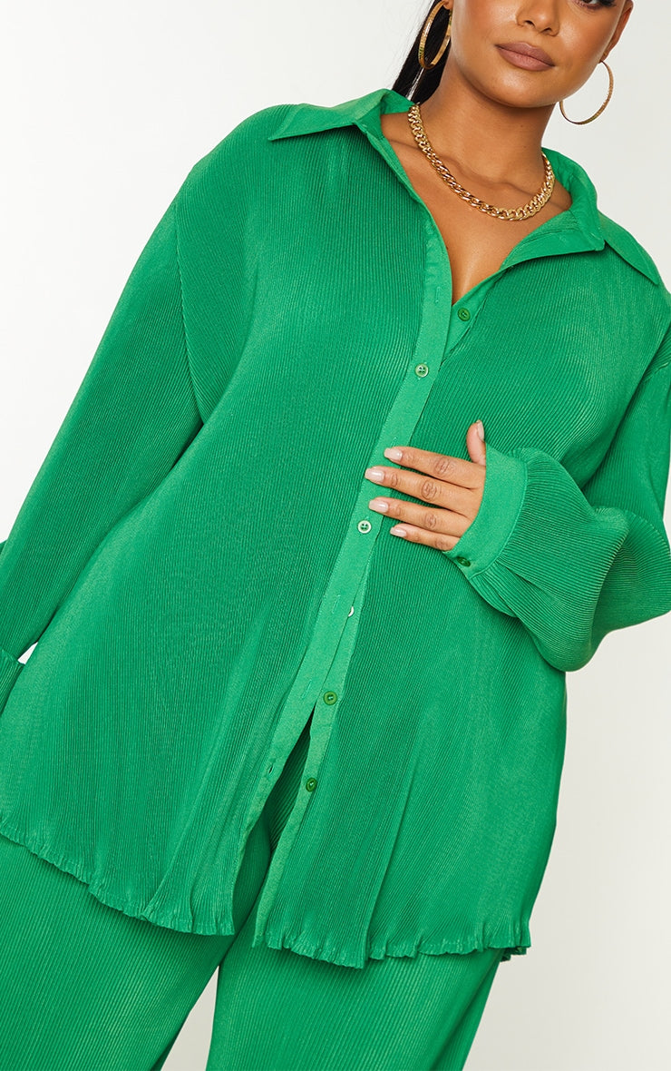 Plus Bright Green Plisse Button Front Oversized Shirt
