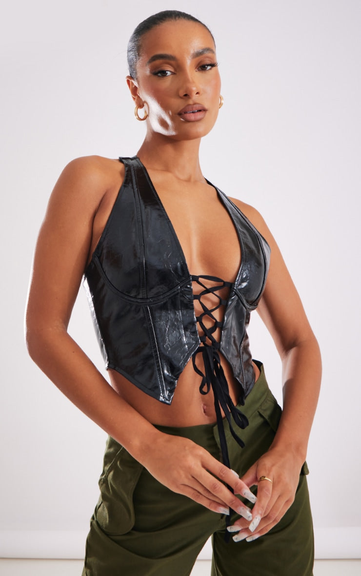 Dark Green Washed Faux Leather Lace Up Plunge Halterneck Top