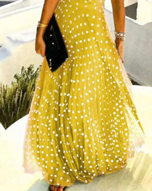 Polka Dot Print Chiffon Pleated Maxi Dress