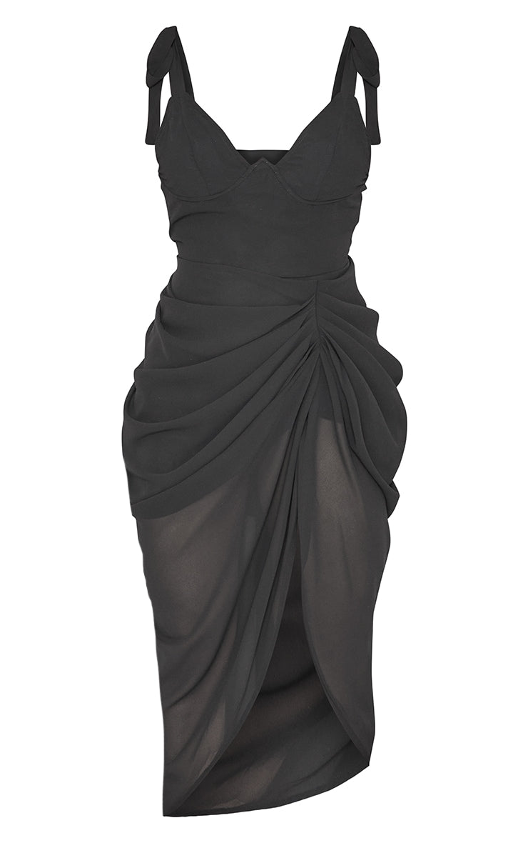 Black Underwire Detail Draped Midi Dress