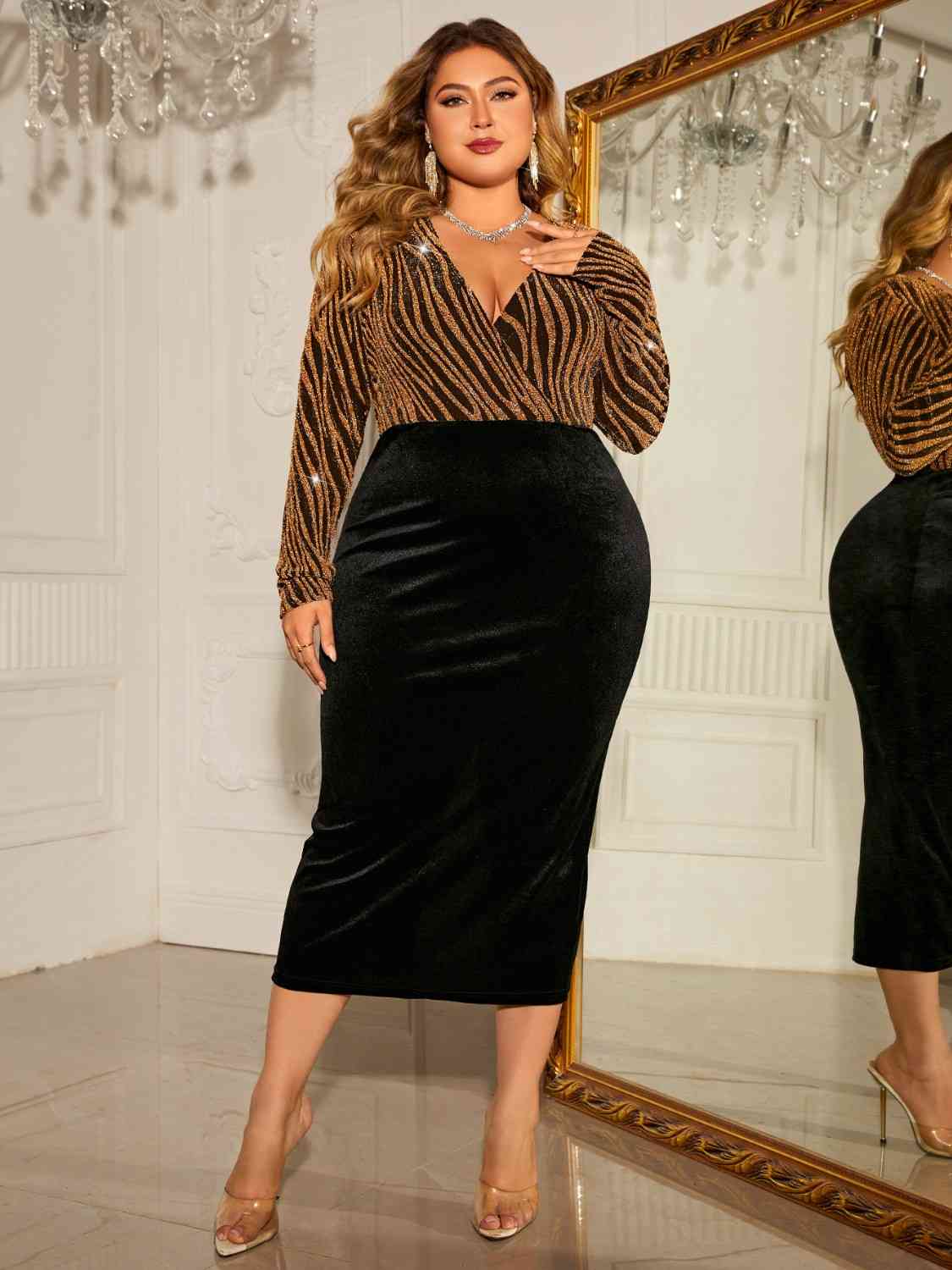 Plus Size Surplice Neck Long Sleeve Slit Midi Dress