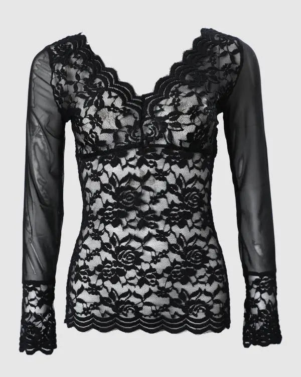 Embroidery Sheer Mesh Lace Long Sleeve Top