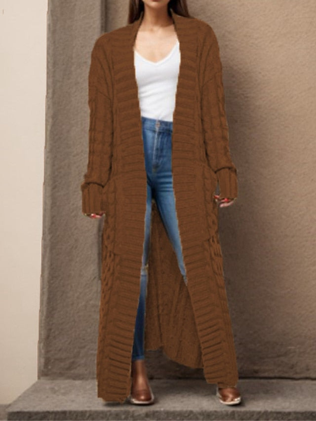 Long Cardigan V Neck Cable Knit Sweater with Pockets