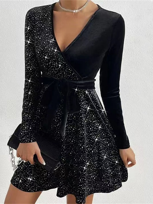 Stunning Black Velvet V Neck Sequin Mini Dress