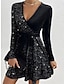 Stunning Black Velvet V Neck Sequin Mini Dress