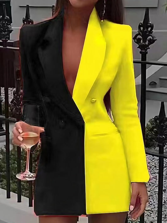 Women‘s Blazer Dress And Jacket Set Black Yellow Red Long Sleeve Color Block