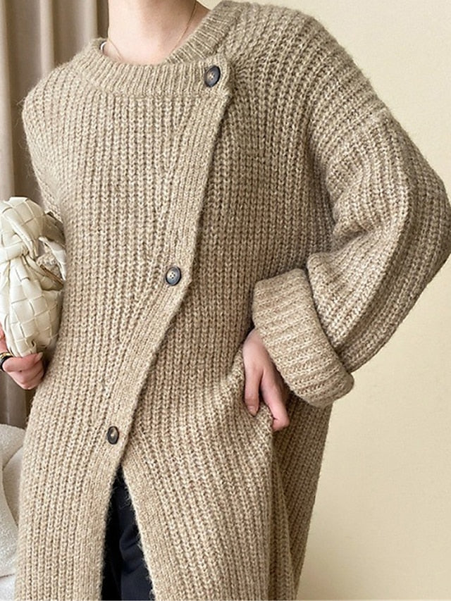 Cardigan Sweater Crew Neck Ribbed Knit with Pockets
