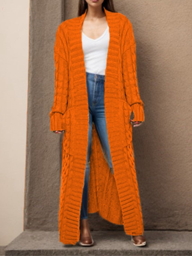 Long Cardigan V Neck Cable Knit Sweater with Pockets
