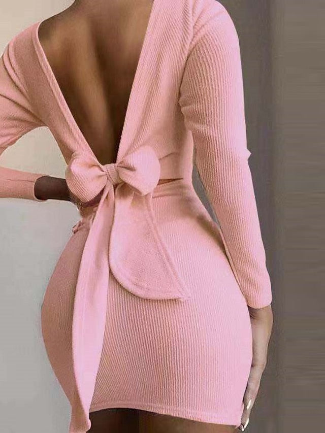 Women's Long Sleeve Backless Bow Mini Sweater Dress