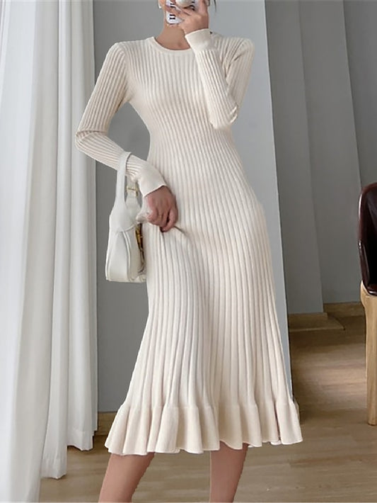 Women's Elegant Long Sleeve Ruffle Sweater Knit Dress